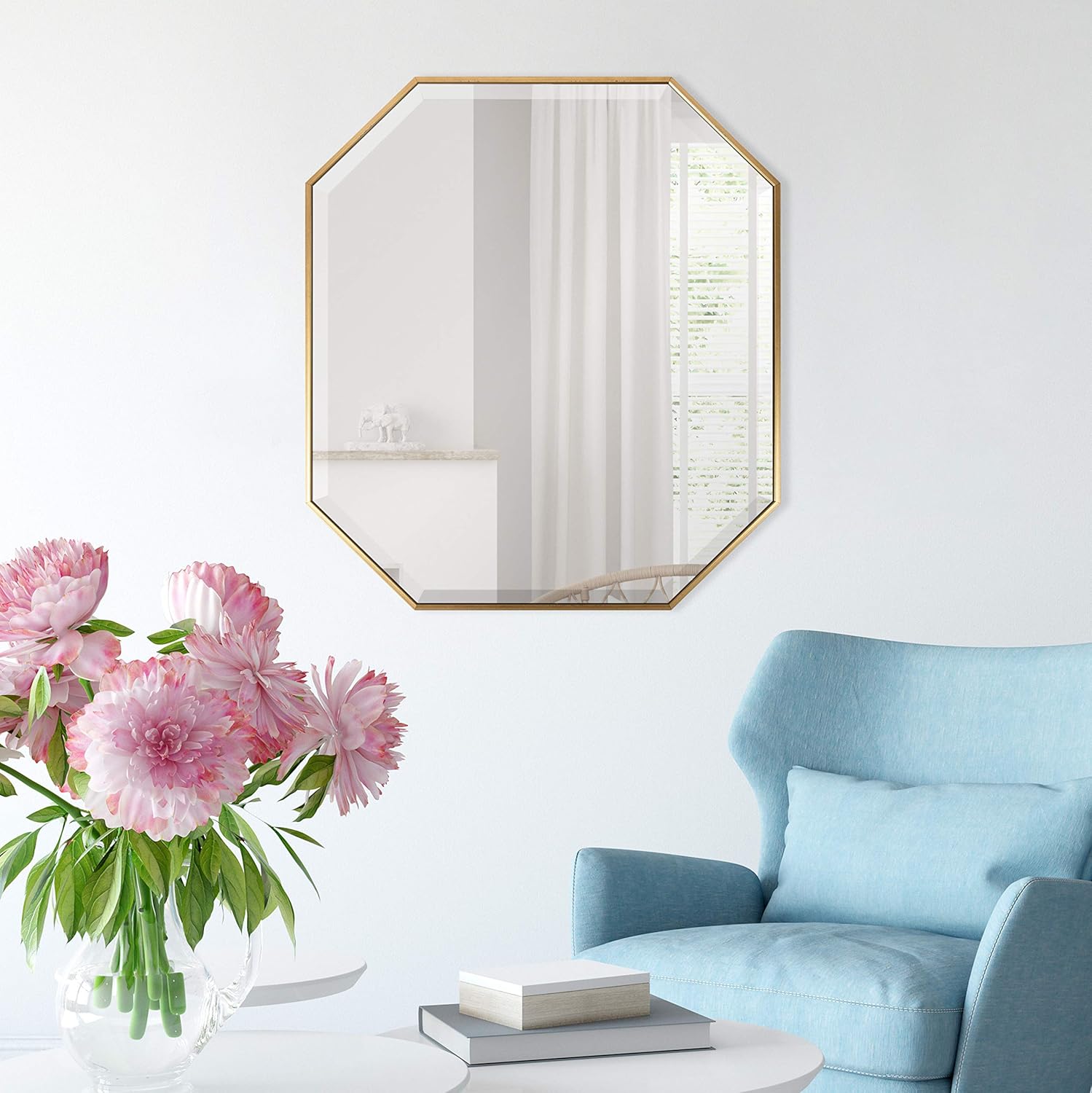imageKate and Laurel Rhodes Modern Full Length Framed Octagon Wall Mirror 16 x 48 Gold Decorative Glam Geometric Wall AccentGold