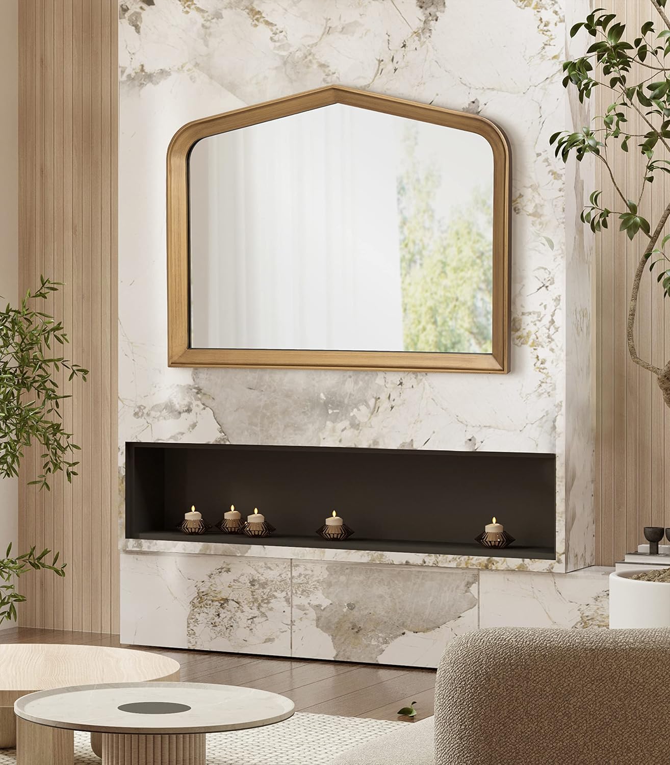 imageKate and Laurel Tudor Traditional Wooden Wide Arch Wall Mirror 36 x 28 Walnut Brown Vintage Arched Hanging Mirror with Pointed Arch and Pieced Wood FrameGold