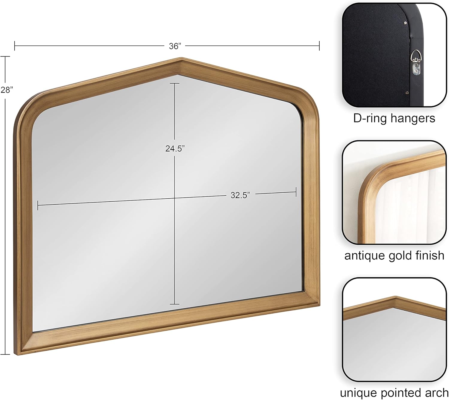 imageKate and Laurel Tudor Traditional Wooden Wide Arch Wall Mirror 36 x 28 Walnut Brown Vintage Arched Hanging Mirror with Pointed Arch and Pieced Wood FrameGold