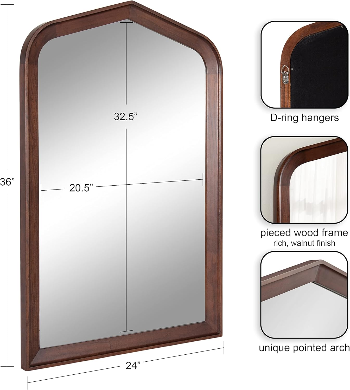 imageKate and Laurel Tudor Traditional Wooden Wide Arch Wall Mirror 36 x 28 Walnut Brown Vintage Arched Hanging Mirror with Pointed Arch and Pieced Wood FrameWalnut Brown