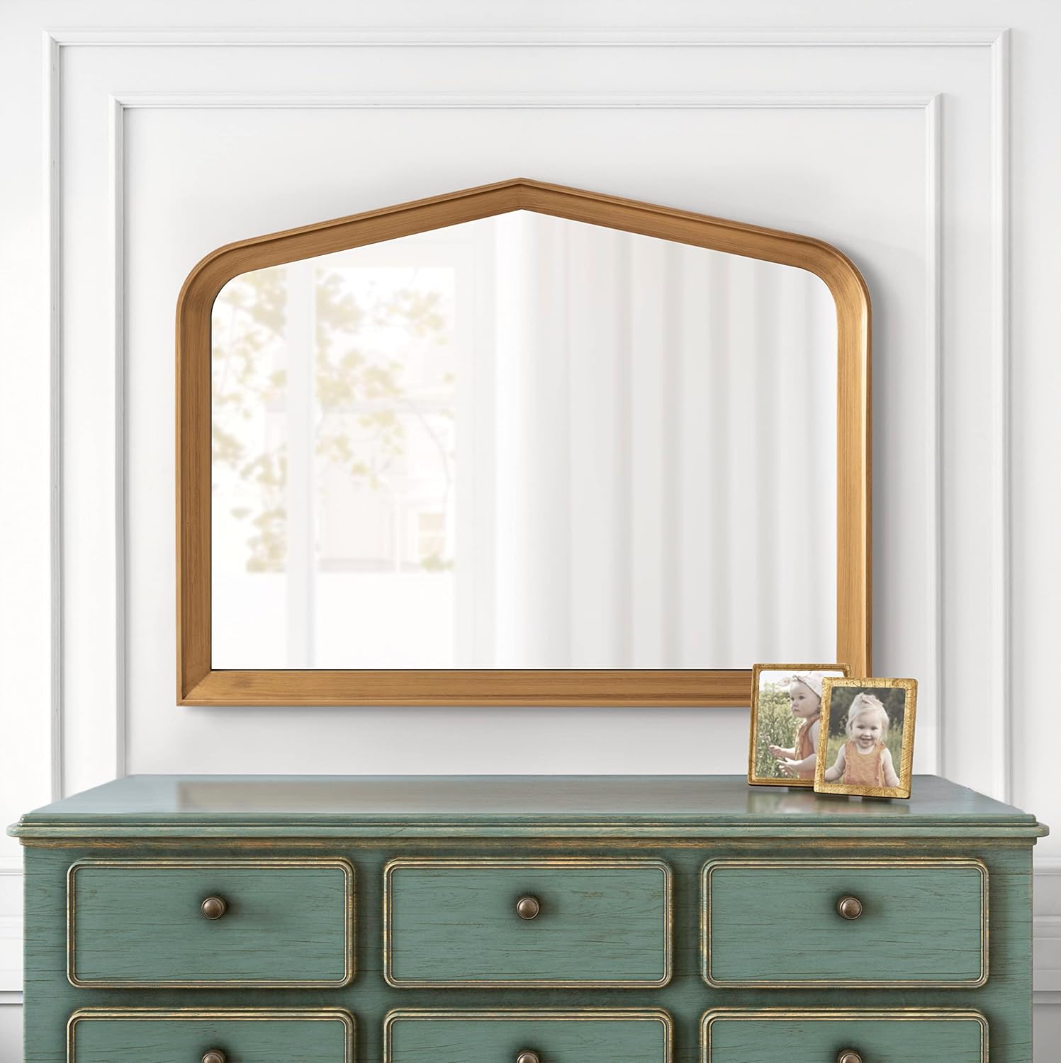 imageKate and Laurel Tudor Traditional Wooden Wide Arch Wall Mirror 36 x 28 Walnut Brown Vintage Arched Hanging Mirror with Pointed Arch and Pieced Wood FrameGold