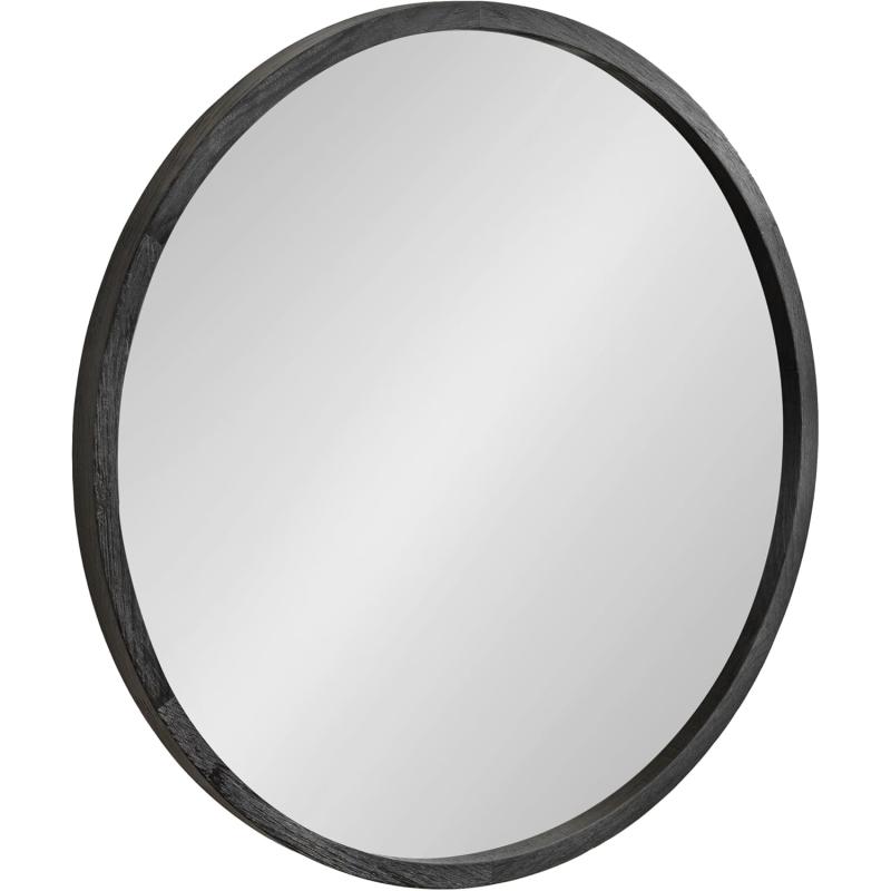 imageKate and Laurel Occonor Vintage Wooden Round Mirror 28 Inch Diameter Natural Brown Rustic Farmhouse Circle Wall Mirror with Geometric Shape and Lightly Distressed FinishBlack