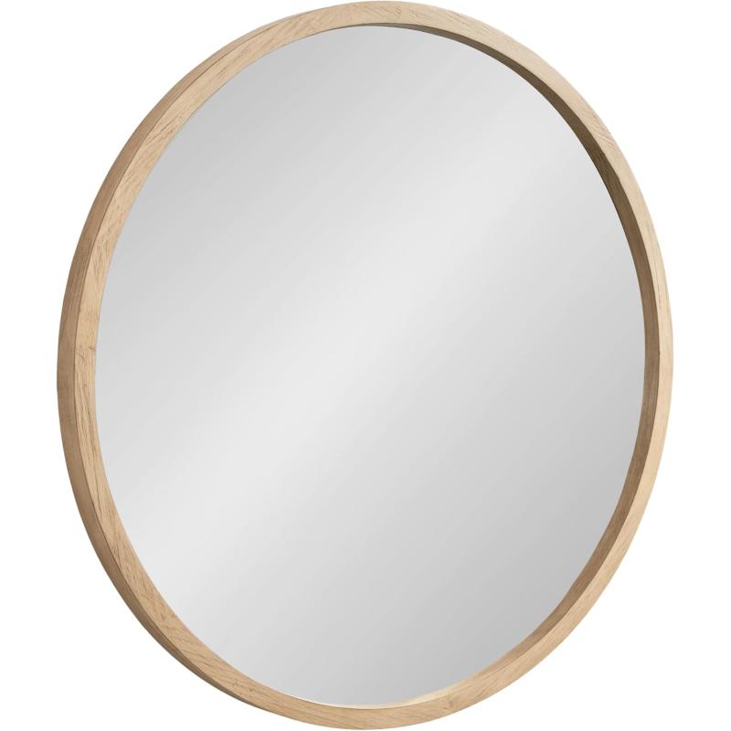 imageKate and Laurel Occonor Vintage Wooden Round Mirror 28 Inch Diameter Natural Brown Rustic Farmhouse Circle Wall Mirror with Geometric Shape and Lightly Distressed FinishNatural