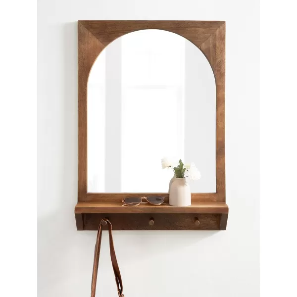 imageKate and Laurel Andover Pub Mirror with Coat Hooks 22 x 36 White Decorative Wood Wall Mirror with Five Hanging Pegs and Small Display ShelfBrown