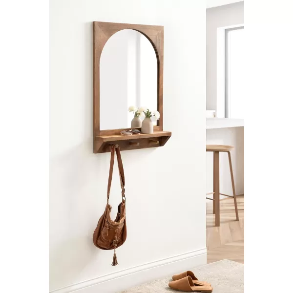 imageKate and Laurel Andover Pub Mirror with Coat Hooks 22 x 36 White Decorative Wood Wall Mirror with Five Hanging Pegs and Small Display ShelfBrown