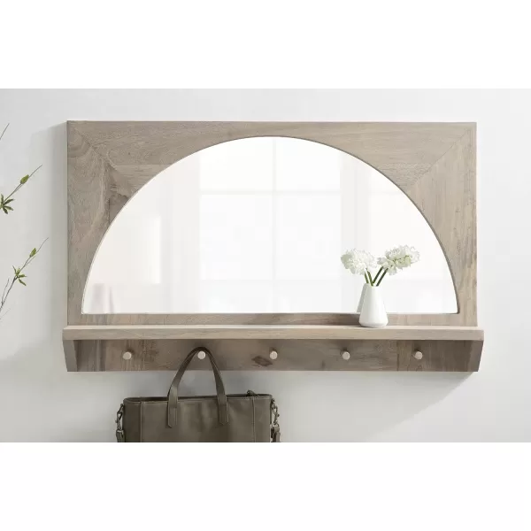 imageKate and Laurel Andover Pub Mirror with Coat Hooks 22 x 36 White Decorative Wood Wall Mirror with Five Hanging Pegs and Small Display ShelfWhite