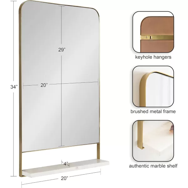 imageKate and Laurel Chadwin Modern Rectangle Wall Mirror with Shelf 20 x 34 White and Gold Glam Rectangular Contemporary Marble and Metal Mirror for Storage and DisplayGold