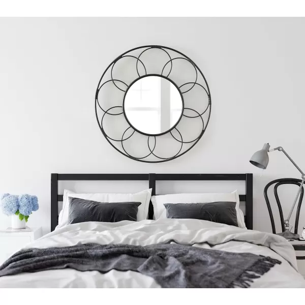 imageKate and Laurel Cori Boho Round Mirror 34 Inch Diameter Natural Light Decorative Metal Mirror with Rattan Accenting for Coastal Home Wall DecorBlack