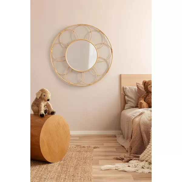 imageKate and Laurel Cori Boho Round Mirror 34 Inch Diameter Natural Light Decorative Metal Mirror with Rattan Accenting for Coastal Home Wall DecorBrown