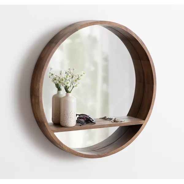 imageKate and Laurel Hutton Round Mirror with Shelf 30quot Diameter Rustic Brown Finish Geometric Home Decor