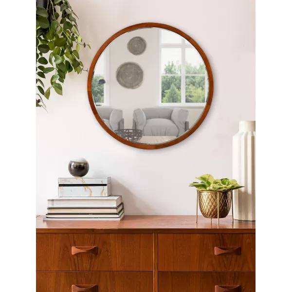 imageKate and Laurel McLean Modern Scandinavian Wood Framed Round Wall Mirror 34 Inch Diameter Natural Poplar Decorative Circle Wooden Mirror with Slim Frame and Modern ShapeWalnut Brown