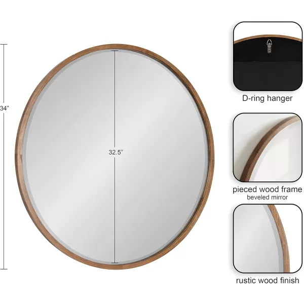 imageKate and Laurel McLean Modern Scandinavian Wood Framed Round Wall Mirror 34 Inch Diameter Natural Poplar Decorative Circle Wooden Mirror with Slim Frame and Modern ShapeRustic Brown