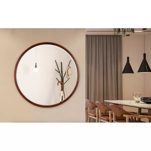 imageKate and Laurel McLean Modern Scandinavian Wood Framed Round Wall Mirror 34 Inch Diameter Natural Poplar Decorative Circle Wooden Mirror with Slim Frame and Modern ShapeWalnut Brown