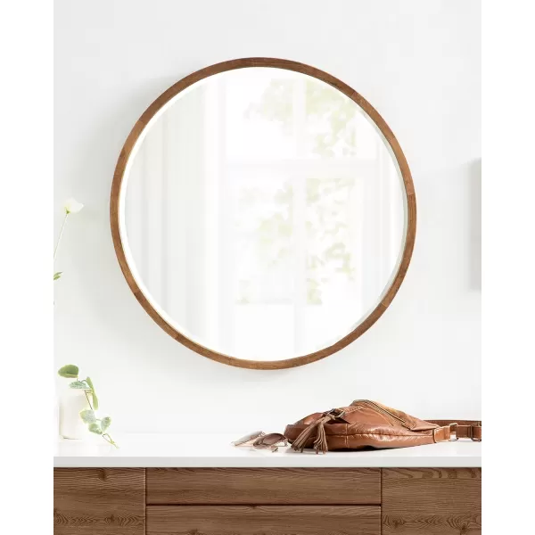 imageKate and Laurel McLean Modern Scandinavian Wood Framed Round Wall Mirror 34 Inch Diameter Natural Poplar Decorative Circle Wooden Mirror with Slim Frame and Modern ShapeRustic Brown