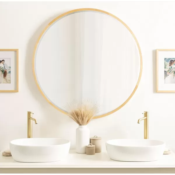 imageKate and Laurel McLean Modern Scandinavian Wood Framed Round Wall Mirror 34 Inch Diameter Natural Poplar Decorative Circle Wooden Mirror with Slim Frame and Modern ShapeNatural