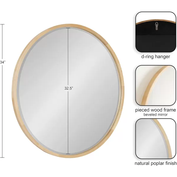 imageKate and Laurel McLean Modern Scandinavian Wood Framed Round Wall Mirror 34 Inch Diameter Natural Poplar Decorative Circle Wooden Mirror with Slim Frame and Modern ShapeNatural