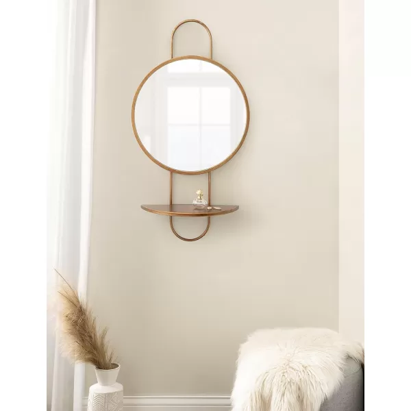 imageKate and Laurel Patel Modern Metal Round Mirror with Rounded Shelf 19 x 33 Satin Black Decorative Functional Circle Shelf Mirror for Storage and DisplayGold