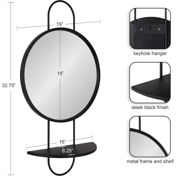 imageKate and Laurel Patel Modern Metal Round Mirror with Rounded Shelf 19 x 33 Satin Black Decorative Functional Circle Shelf Mirror for Storage and DisplayBlack