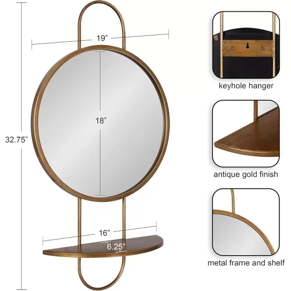 imageKate and Laurel Patel Modern Metal Round Mirror with Rounded Shelf 19 x 33 Satin Black Decorative Functional Circle Shelf Mirror for Storage and DisplayGold