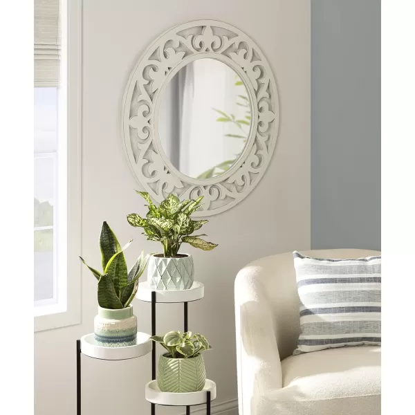 imageKate and Laurel Shovali Coastal Round Mirror 32 Inch Diameter White Decadent Wall Decor with Ornate WoodCarved Frame