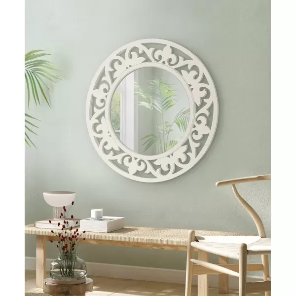 imageKate and Laurel Shovali Coastal Round Mirror 32 Inch Diameter White Decadent Wall Decor with Ornate WoodCarved Frame