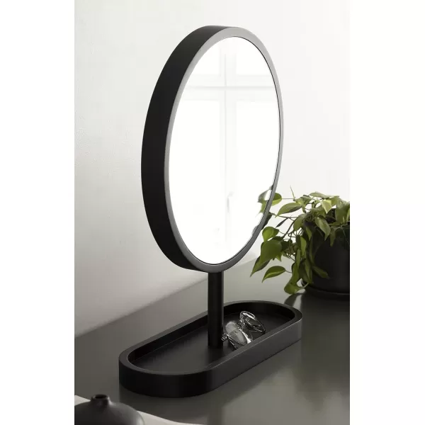 imageKate and Laurel Travis Modern Tabletop Mirror 17 x 21 Natural Poplar Decorative Freestanding Wood Mirror with Round Surface and Open Capsule Shaped Tray BaseBlack