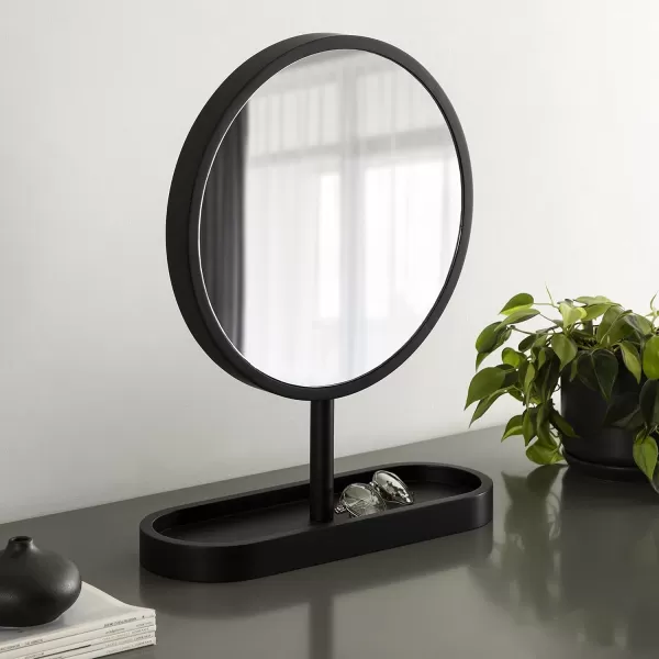 imageKate and Laurel Travis Modern Tabletop Mirror 17 x 21 Natural Poplar Decorative Freestanding Wood Mirror with Round Surface and Open Capsule Shaped Tray BaseBlack