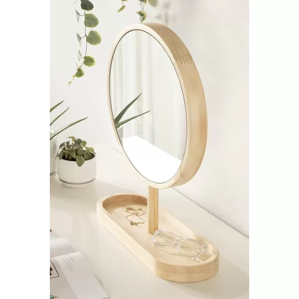 imageKate and Laurel Travis Modern Tabletop Mirror 17 x 21 Natural Poplar Decorative Freestanding Wood Mirror with Round Surface and Open Capsule Shaped Tray BaseNatural