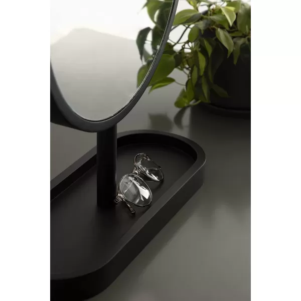 imageKate and Laurel Travis Modern Tabletop Mirror 17 x 21 Natural Poplar Decorative Freestanding Wood Mirror with Round Surface and Open Capsule Shaped Tray BaseBlack