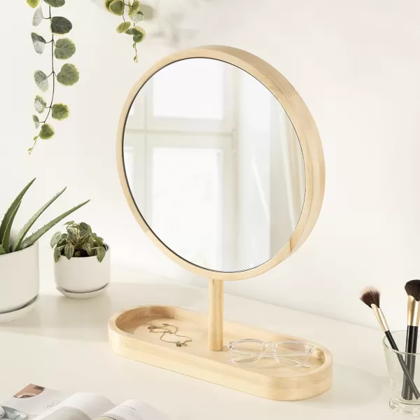 imageKate and Laurel Travis Modern Tabletop Mirror 17 x 21 Natural Poplar Decorative Freestanding Wood Mirror with Round Surface and Open Capsule Shaped Tray BaseNatural