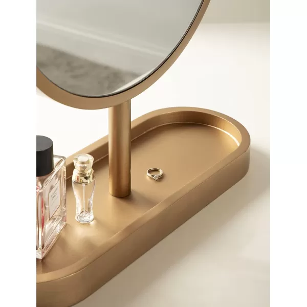 imageKate and Laurel Travis Modern Tabletop Mirror 17 x 21 Natural Poplar Decorative Freestanding Wood Mirror with Round Surface and Open Capsule Shaped Tray BaseGold
