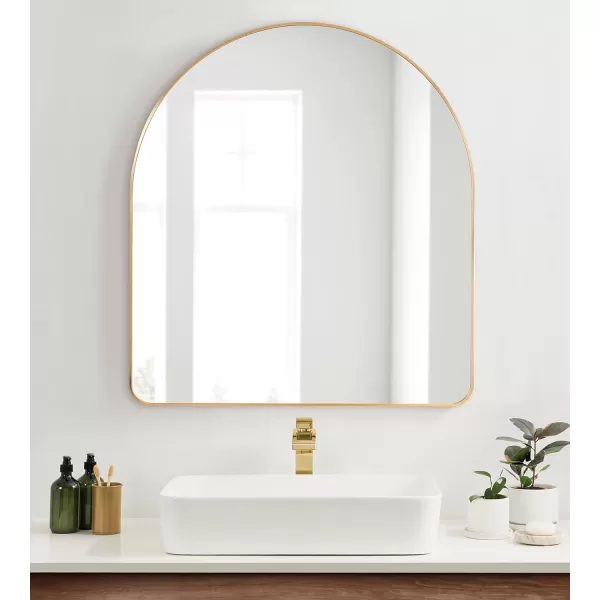 imageKate and Laurel Zayda Modern Glam Arch Framed Statement Wall Mirror 32 x 36 Gold Metal Minimalist MidCentury Round Arched Wall Mirror with Smooth CurvesGold