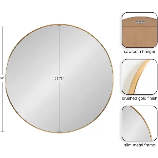 imageKate and Laurel Zayda Round Framed Wall Mirror 34 Inch Diameter Black Metal Minimalist Circular Mirror with Smooth CurvesGold