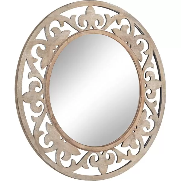 imageKate and Laurel Shovali Rustic Round Wall Mirror 32 Inch Diameter Light Natural Wood Ornate WoodCarved Framed Circle Mirror with Antique Inspired Detailing for Vintage Wall Dcor