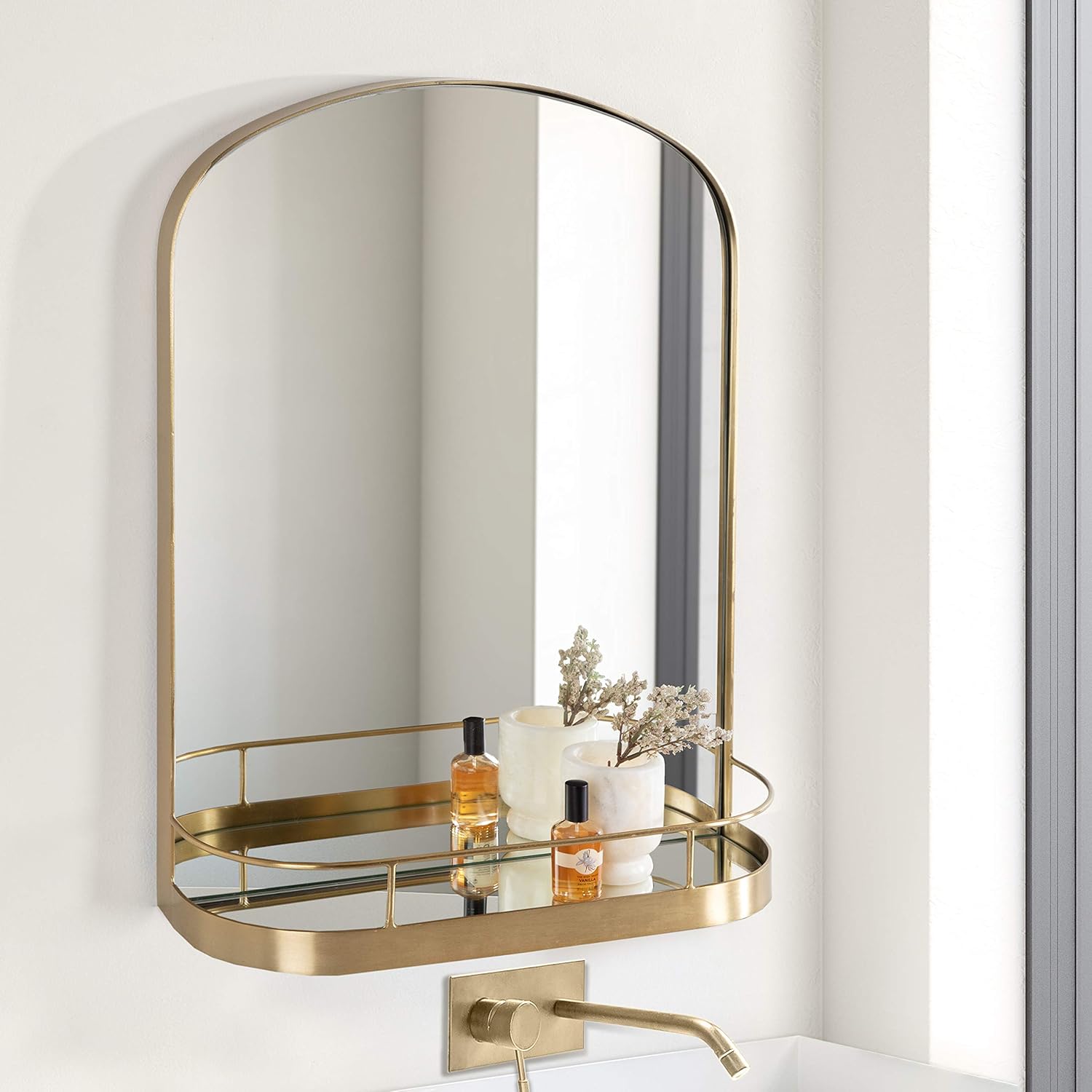 imageKate and Laurel Peyson Arched Wall Mirror with Shelf 18 x 24 Gold Decorative Modern Metal Arch Mirror with Storage Shelf for Glamorous Wall Decor