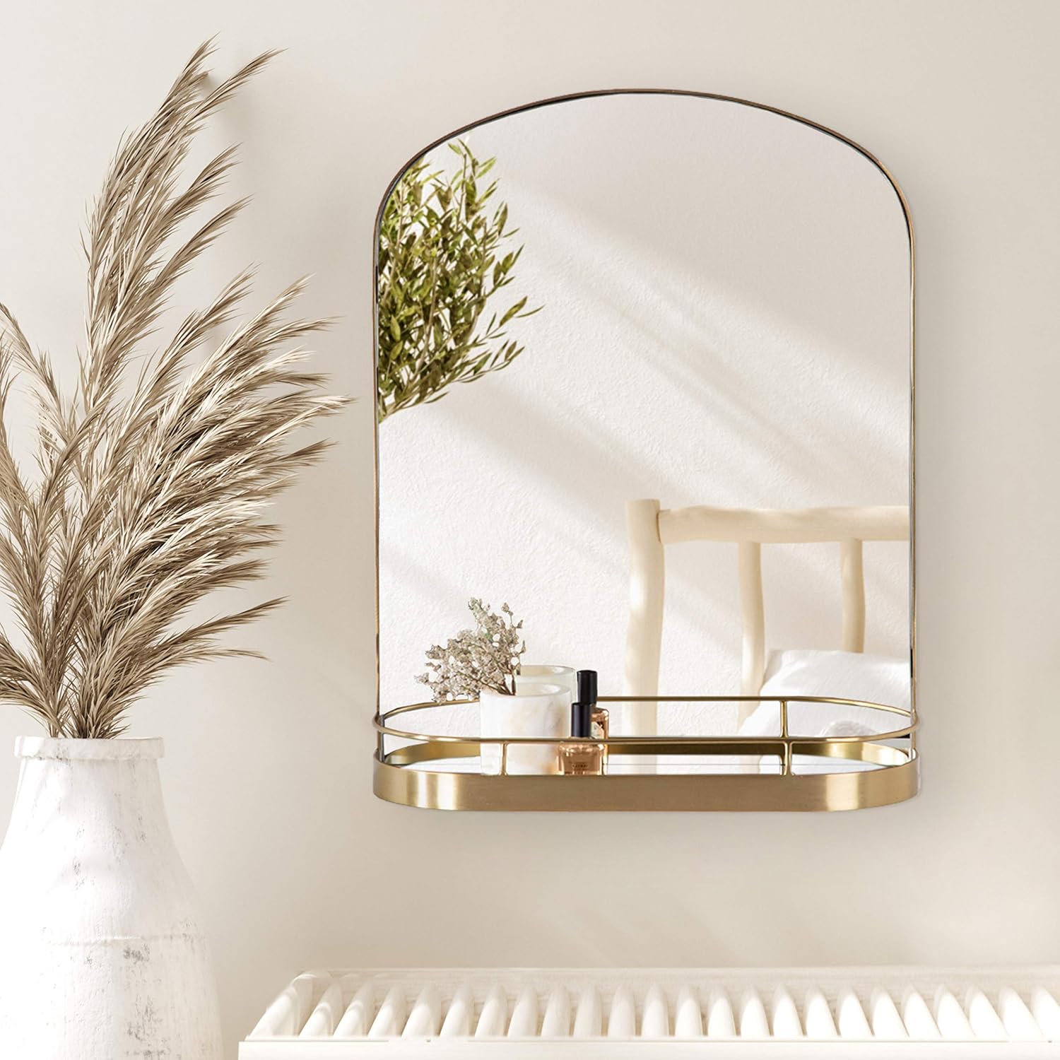 imageKate and Laurel Peyson Arched Wall Mirror with Shelf 18 x 24 Gold Decorative Modern Metal Arch Mirror with Storage Shelf for Glamorous Wall Decor
