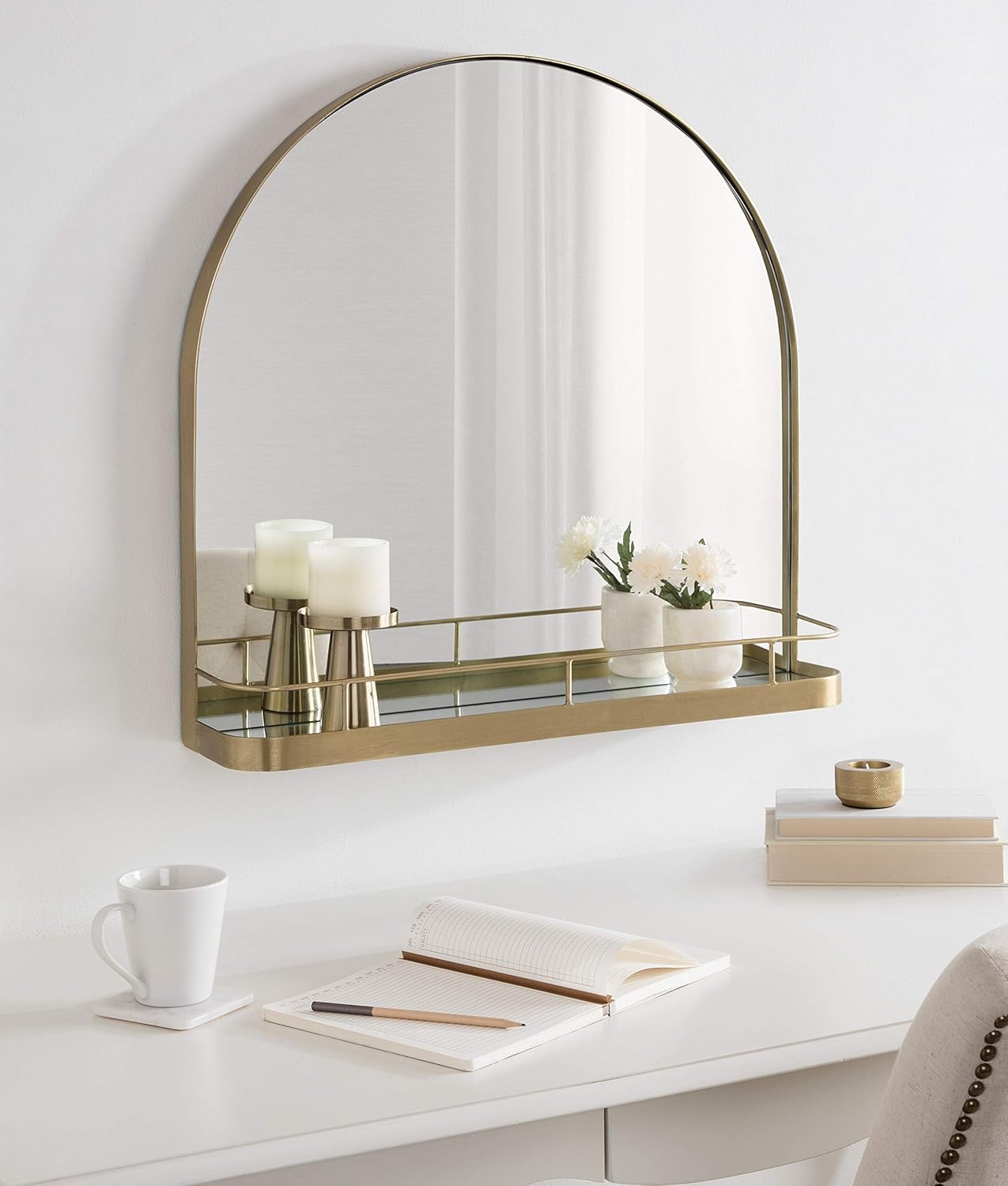 imageKate and Laurel Peyson Arched Wall Mirror with Shelf 18 x 24 Silver Decorative Modern Metal Arch Mirror with Storage Shelf for Glamorous Wall DcorGold