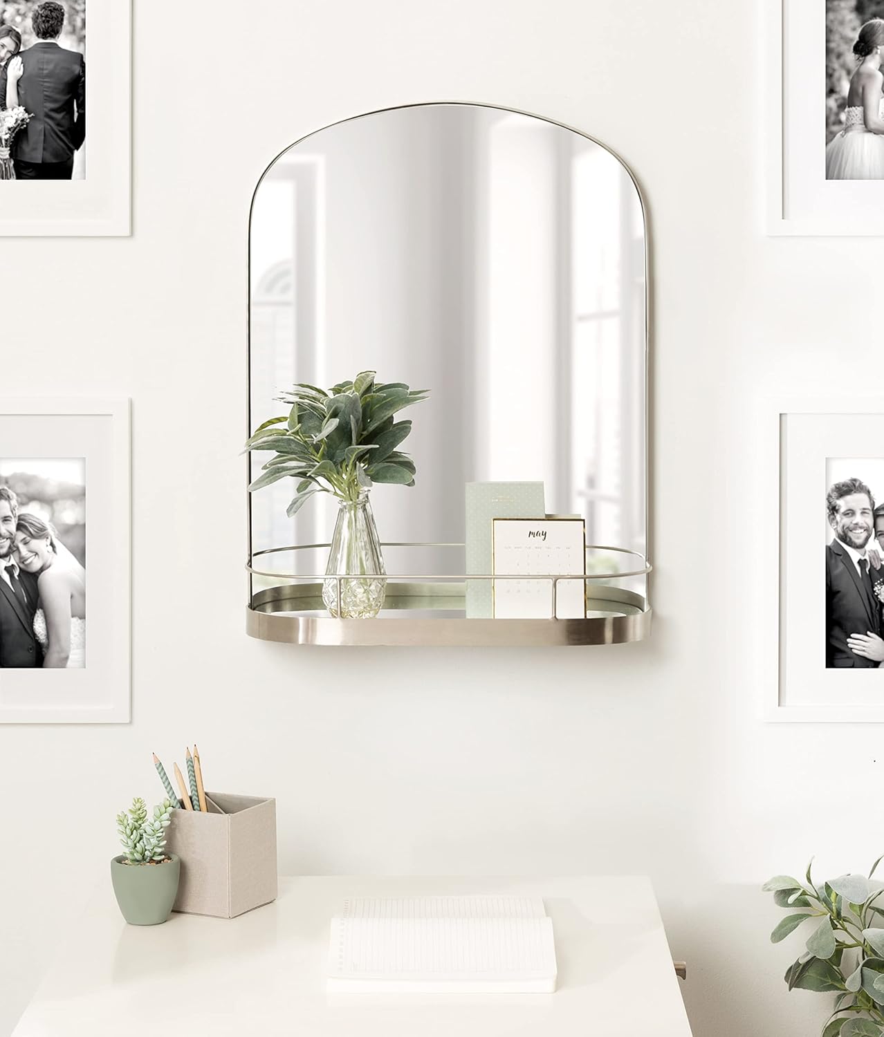 imageKate and Laurel Peyson Arched Wall Mirror with Shelf 18 x 24 Silver Decorative Modern Metal Arch Mirror with Storage Shelf for Glamorous Wall DcorSilver