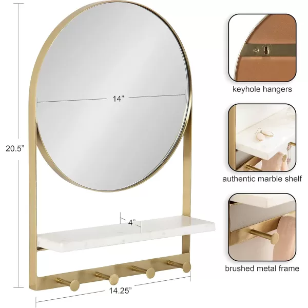 imageKate and Laurel Chadwin Modern Round Wall Mirror with Marble Shelf 15 x 21 White and Gold Glam Circle Metal Mirror with Hooks for Storage and DisplayGold