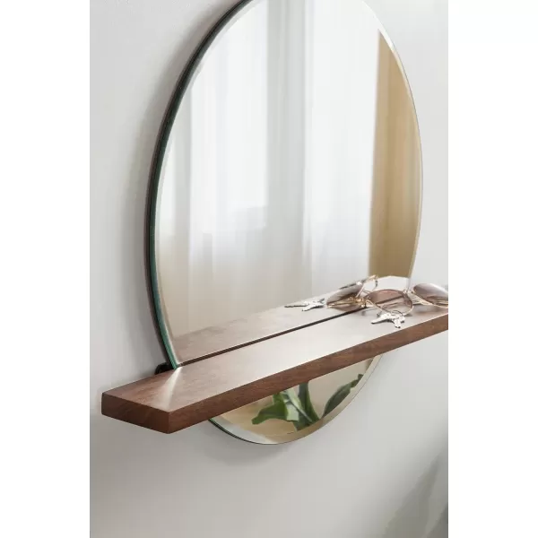 imageKate and Laurel Fossett Frameless Round Wall Mirror 24 Inch Diameter Walnut Brown Decorative Functional Mirror with Shelf for Storage and Display