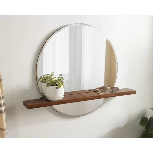 imageKate and Laurel Fossett Frameless Round Wall Mirror 24 Inch Diameter Walnut Brown Decorative Functional Mirror with Shelf for Storage and Display