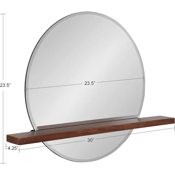 imageKate and Laurel Fossett Frameless Round Wall Mirror 24 Inch Diameter Walnut Brown Decorative Functional Mirror with Shelf for Storage and Display