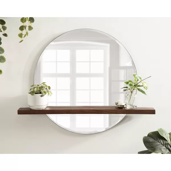 imageKate and Laurel Fossett Frameless Round Wall Mirror 24 Inch Diameter Walnut Brown Decorative Functional Mirror with Shelf for Storage and Display