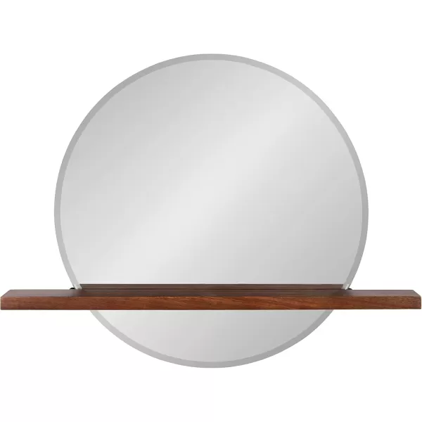 imageKate and Laurel Fossett Frameless Round Wall Mirror 24 Inch Diameter Walnut Brown Decorative Functional Mirror with Shelf for Storage and Display