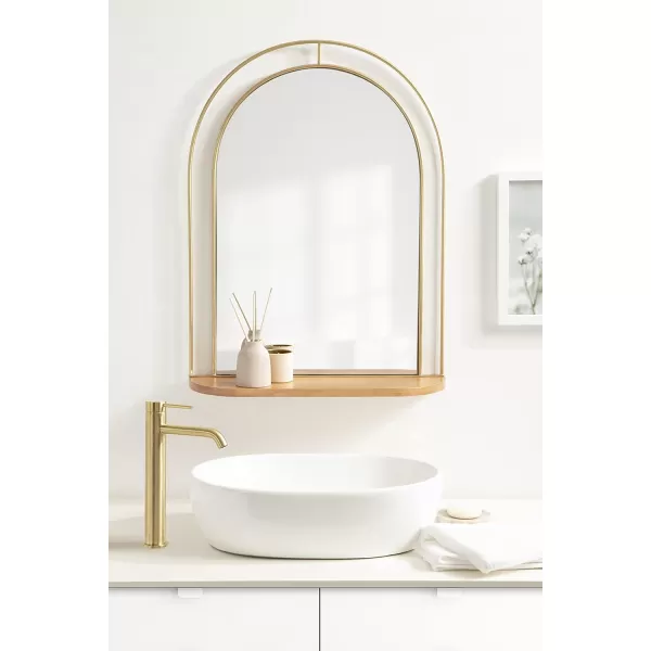 imageKate and Laurel Reverie Modern Arched Mirror with Shelf 23 x 30 Natural Wood and Gold Transitional Arch Mirror with Unique Glam Frame for Wall Decor