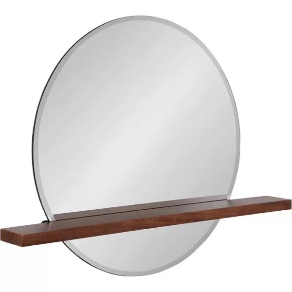 imageKate and Laurel Fossett Frameless Round Wall Mirror 24 Inch Diameter Walnut Brown Decorative Functional Mirror with Shelf for Storage and Display