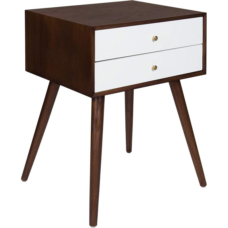 imageKate and Laurel Finco Midcentury Modern Style Side Table with 2 Drawers White Finish with Brass HardwareWhiteWalnut Brown