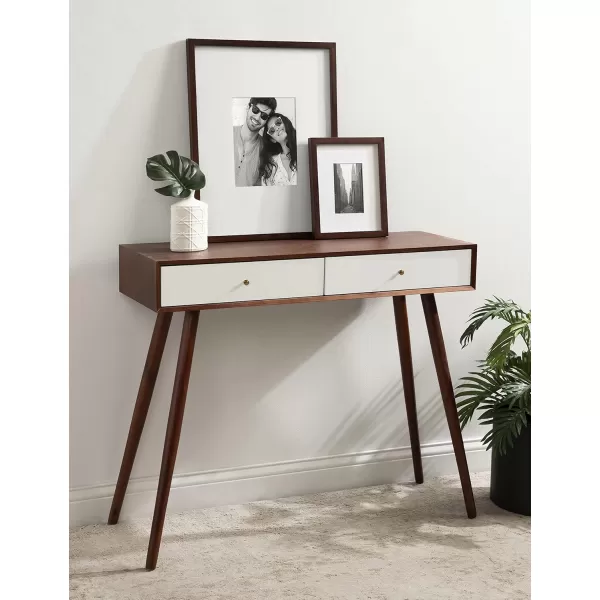 imageKate and Laurel Finco Midcentury Modern Style 2 Drawer Console Table Walnut Brown and White Finish with Brass Hardware