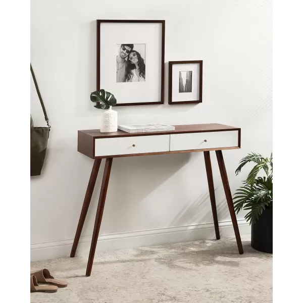 imageKate and Laurel Finco Midcentury Modern Style 2 Drawer Console Table Walnut Brown and White Finish with Brass Hardware