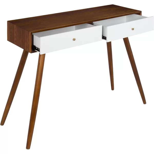 imageKate and Laurel Finco Midcentury Modern Style 2 Drawer Console Table Walnut Brown and White Finish with Brass Hardware